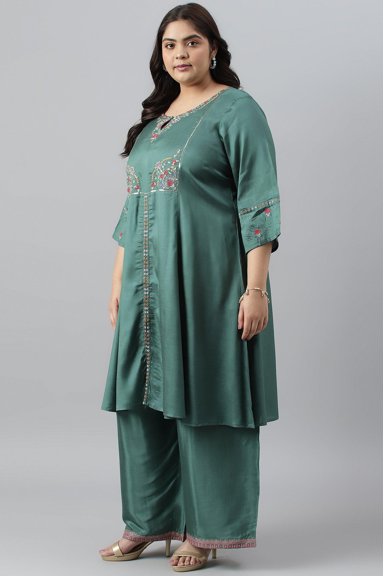 Plus Size Dark Green Embroidered kurta With Parallel Pants And Pink Printed Dupatta - wforwoman
