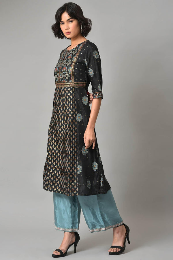 Black A-Line Panelled kurta With Blue Parallel Pants