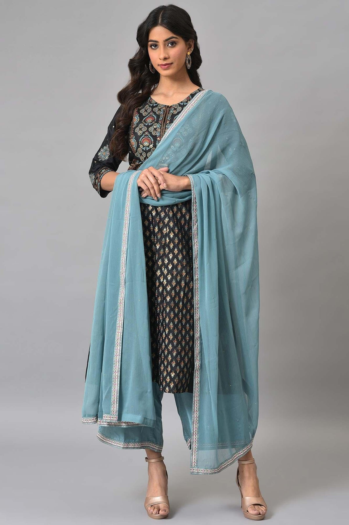 Jet Black Foil Printed Shantung kurta With Blue Parallel Pants And Chiffon Dupatta - XS