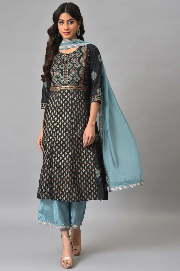 Jet Black Foil Printed Shantung kurta With Blue Parallel Pants And Chiffon Dupatta