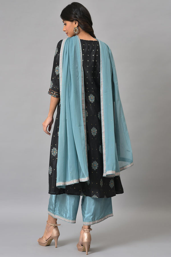 Jet Black Foil Printed Shantung kurta With Blue Parallel Pants And Chiffon Dupatta