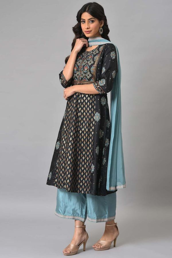 Jet Black Foil Printed Shantung kurta With Blue Parallel Pants And Chiffon Dupatta