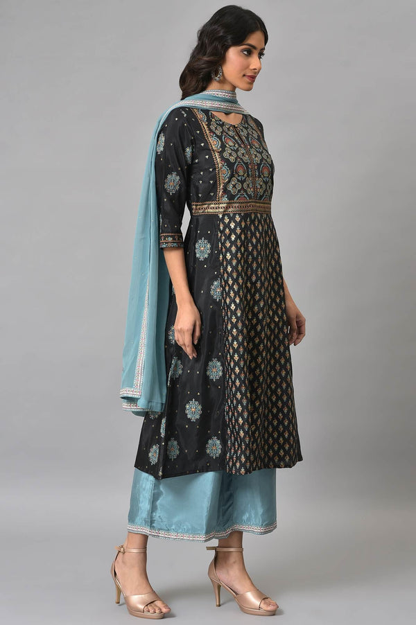 Jet Black Foil Printed Shantung kurta With Blue Parallel Pants And Chiffon Dupatta