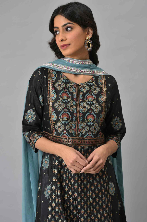 Jet Black Foil Printed Shantung kurta With Blue Parallel Pants And Chiffon Dupatta
