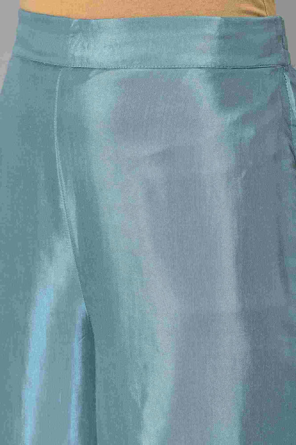 Jet Black Foil Printed Shantung kurta With Blue Parallel Pants And Chiffon Dupatta