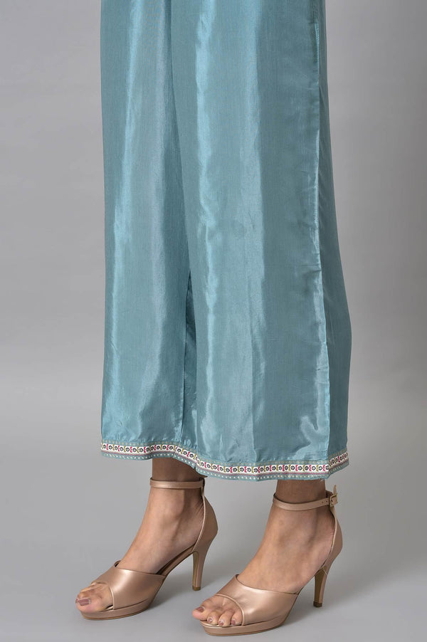 Jet Black Foil Printed Shantung kurta With Blue Parallel Pants And Chiffon Dupatta