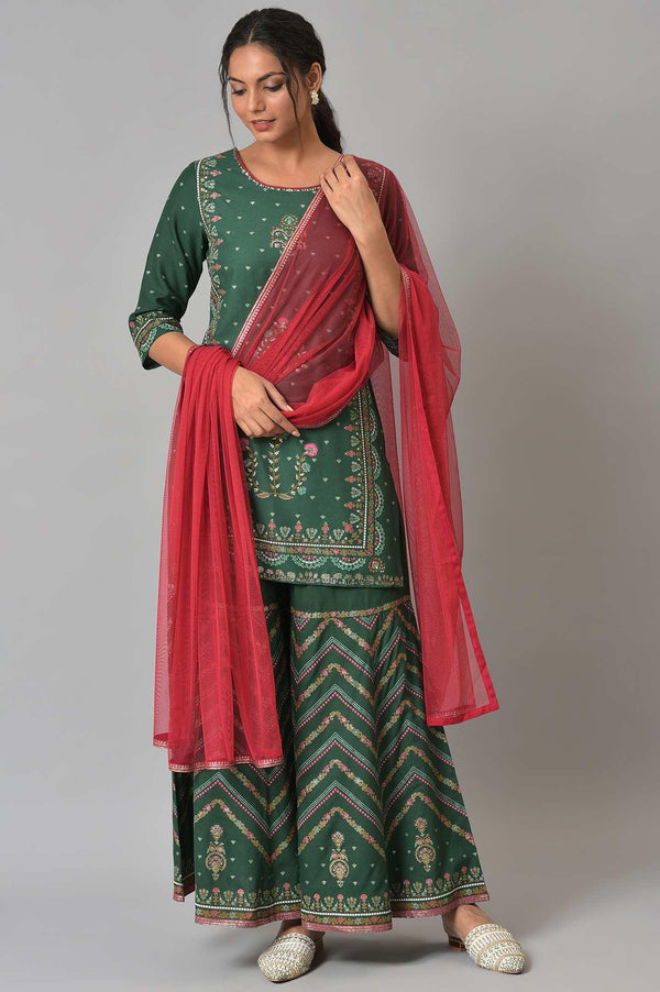 Dark Green Glitter Floral Printed kurta With Sharara Pants And Pink Dupatta