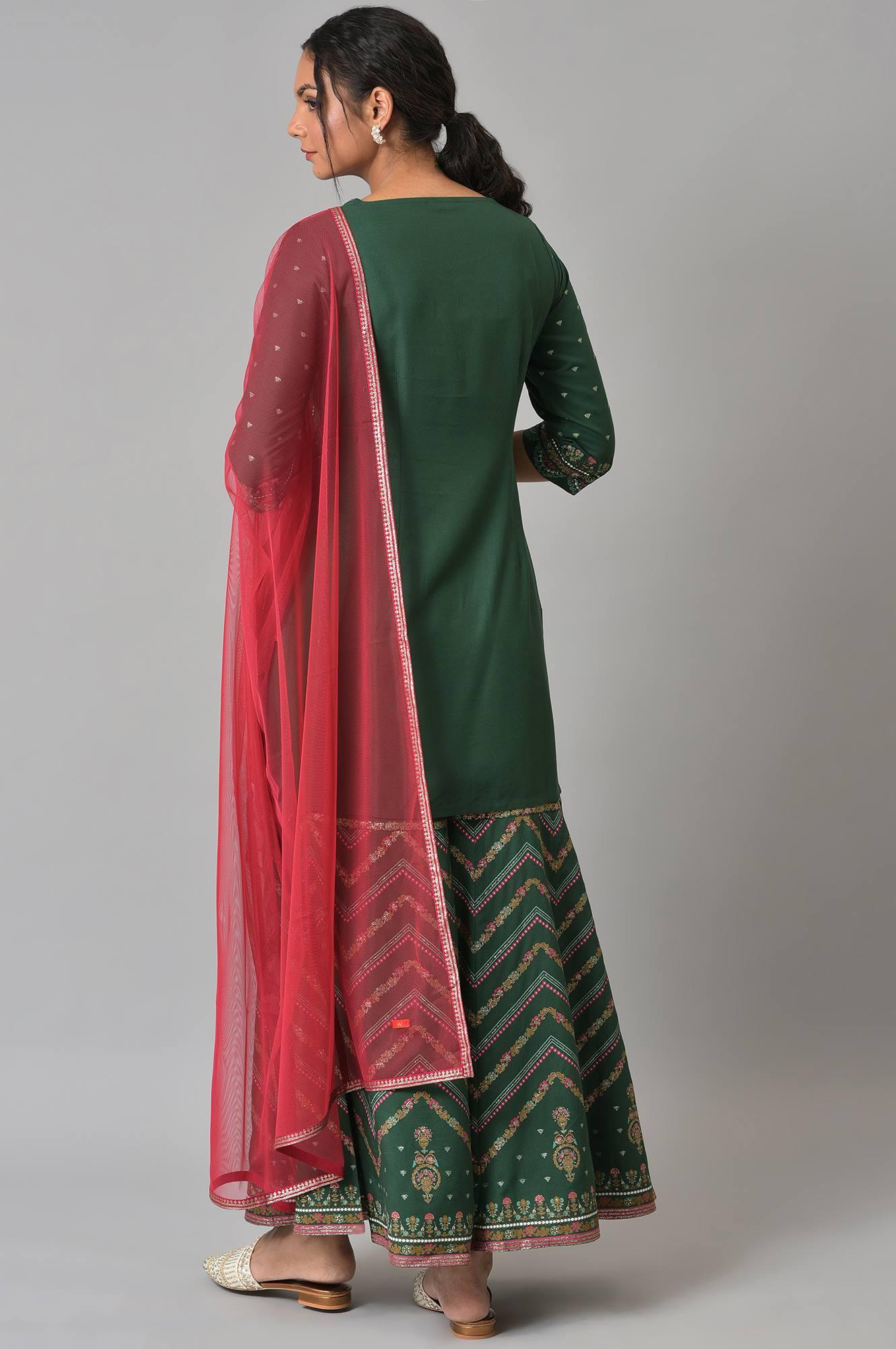 Dark Green Glitter Floral Printed kurta With Sharara Pants And Pink Dupatta - wforwoman