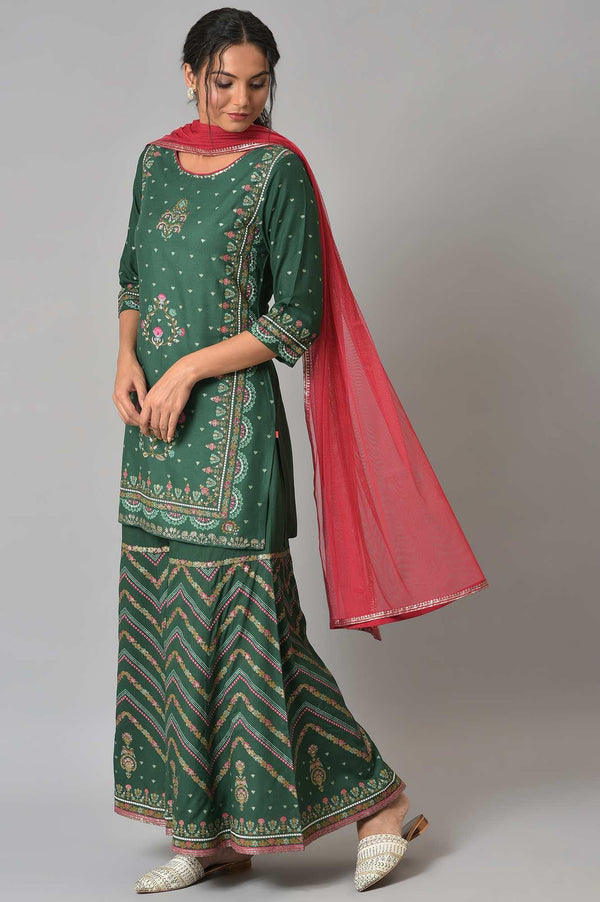 Dark Green Glitter Floral Printed kurta With Sharara Pants And Pink Dupatta