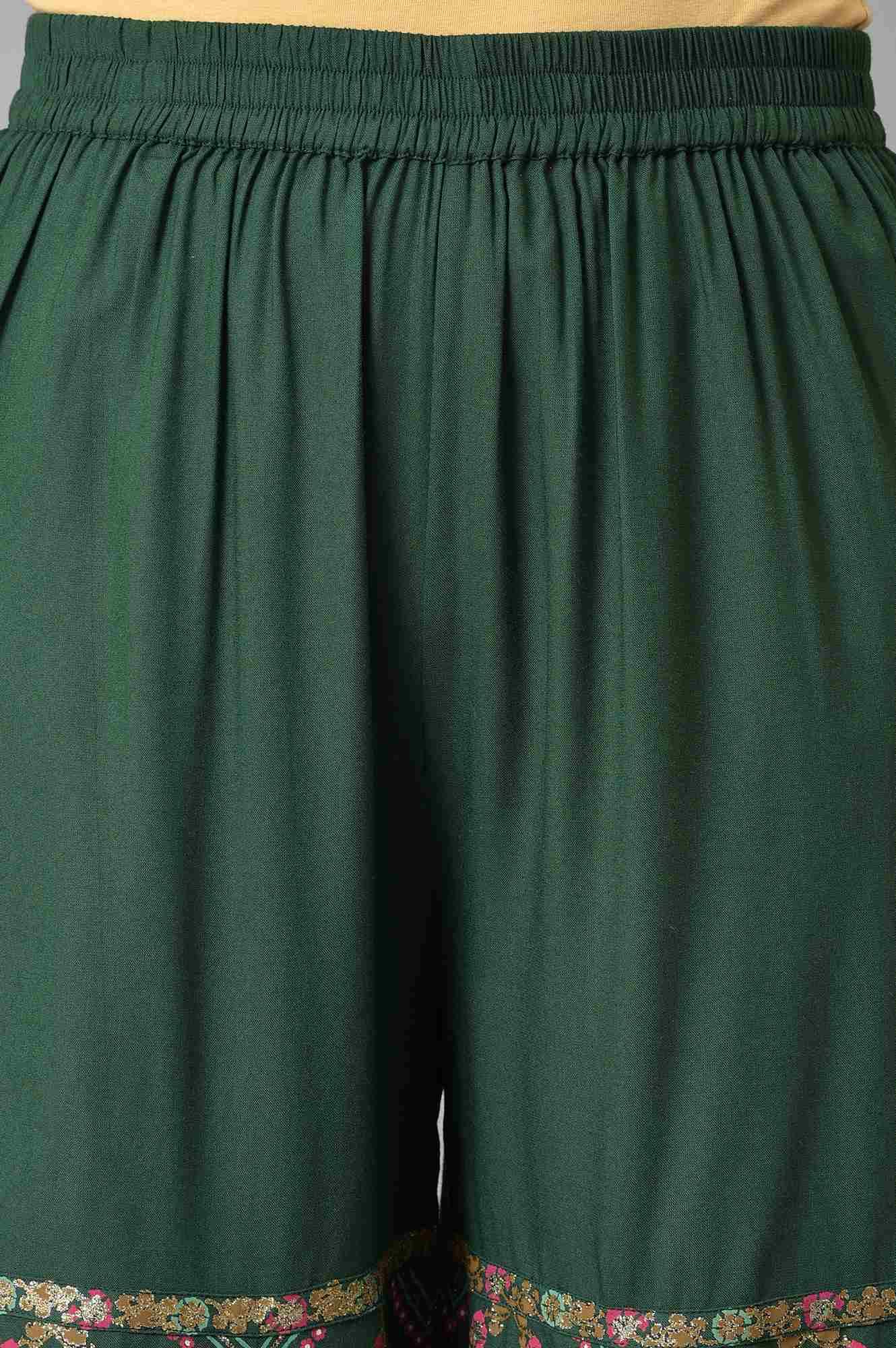 Dark Green Glitter Floral Printed kurta With Sharara Pants And Pink Dupatta - wforwoman