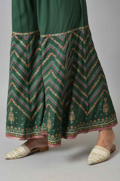 Dark Green Glitter Floral Printed kurta With Sharara Pants And Pink Dupatta - wforwoman