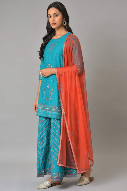 Teal Blue Festive kurta With Sharara And Orange Mesh Dupatta - wforwoman