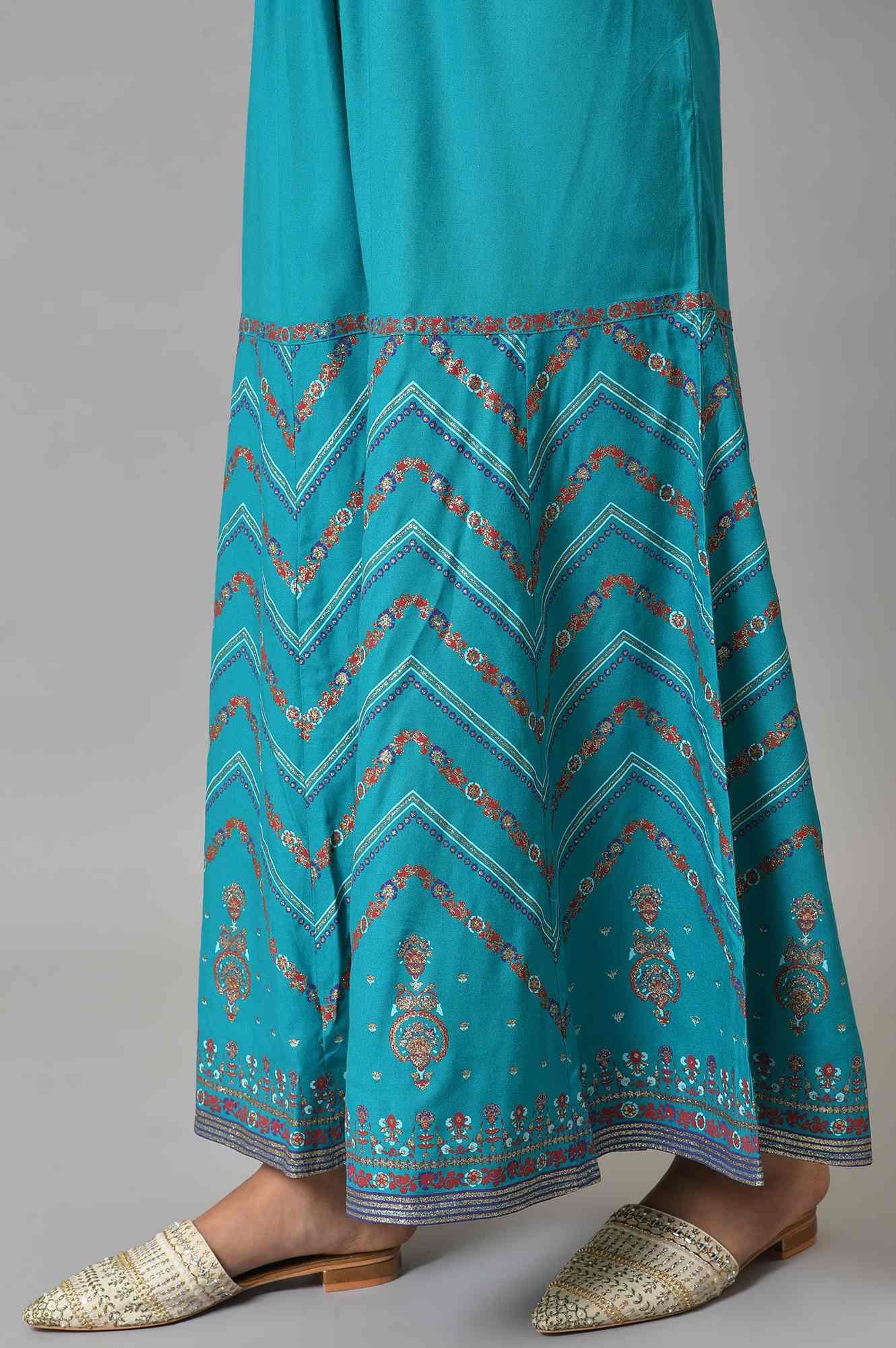 Teal Blue Festive kurta With Sharara And Orange Mesh Dupatta - wforwoman