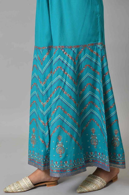 Teal Blue Festive kurta With Sharara And Orange Mesh Dupatta - wforwoman