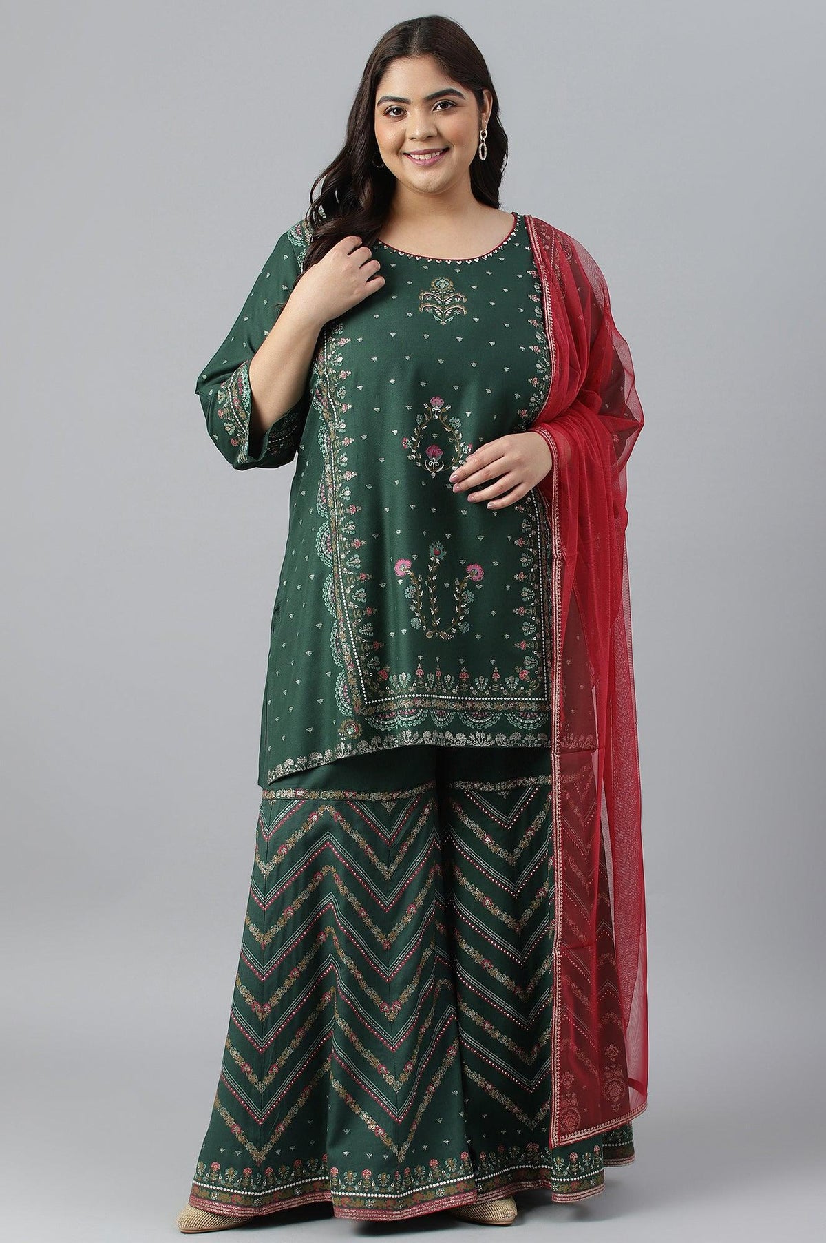 Plus Size Dark Green Glitter Floral Printed kurta With Sharara Pants And Pink Dupatta - 20