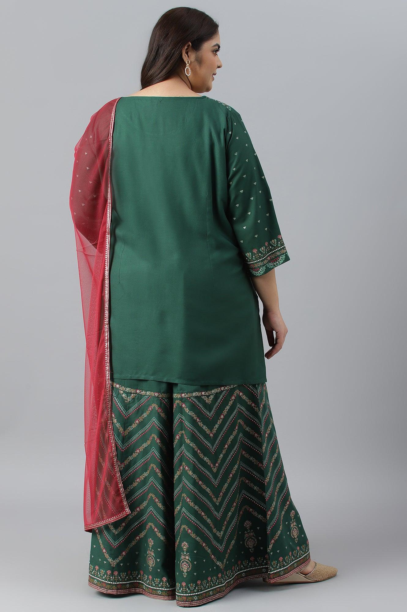 Plus Size Dark Green Glitter Floral Printed kurta With Sharara Pants And Pink Dupatta - wforwoman