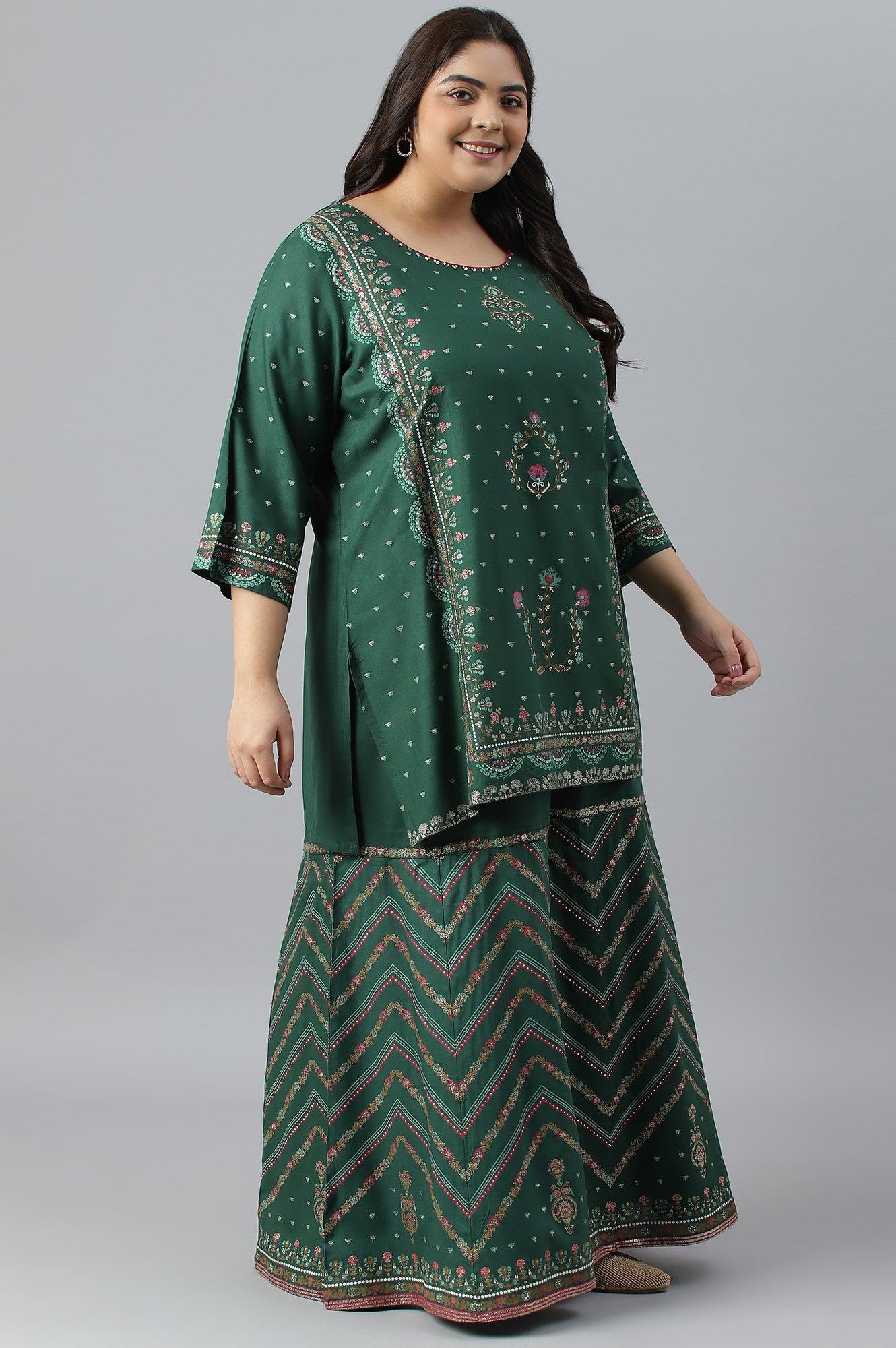 Plus Size Dark Green Glitter Floral Printed kurta With Sharara Pants And Pink Dupatta - wforwoman