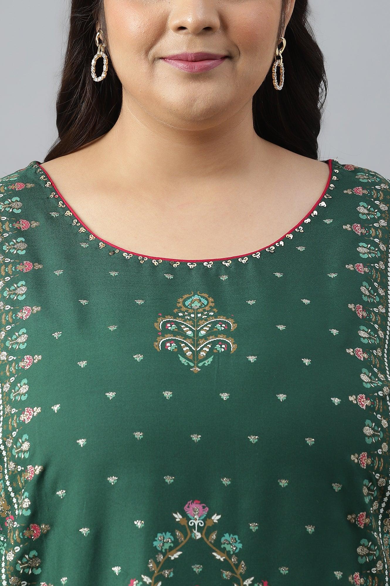 Plus Size Dark Green Glitter Floral Printed kurta With Sharara Pants And Pink Dupatta - wforwoman