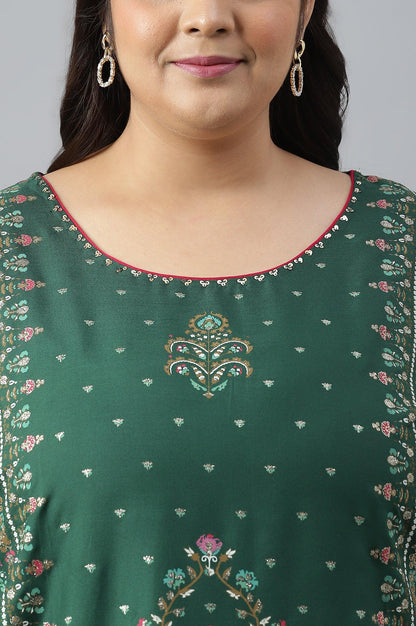 Plus Size Dark Green Glitter Floral Printed kurta With Sharara Pants And Pink Dupatta - wforwoman