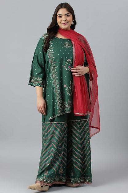 Plus Size Dark Green Glitter Floral Printed kurta With Sharara Pants And Pink Dupatta - wforwoman