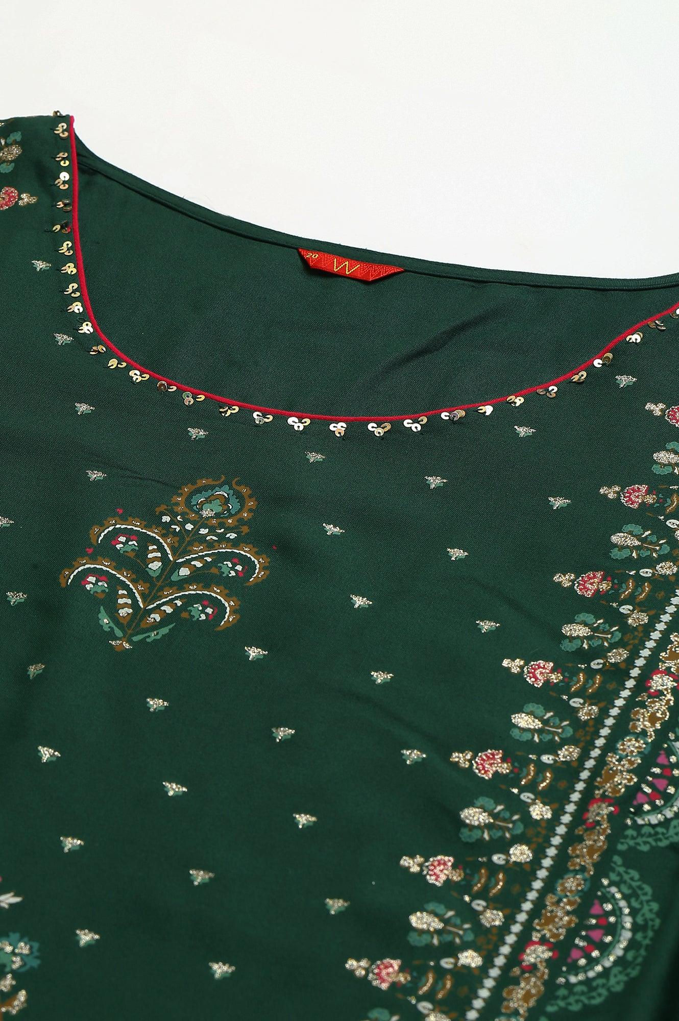 Plus Size Dark Green Glitter Floral Printed kurta With Sharara Pants And Pink Dupatta - wforwoman