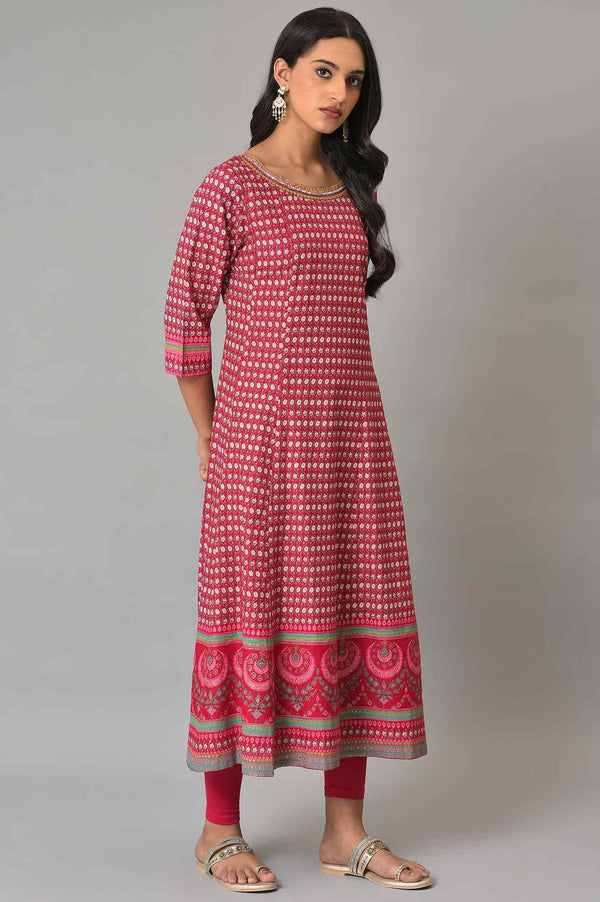 Dark Pink Printed Kalidar kurta With Tights