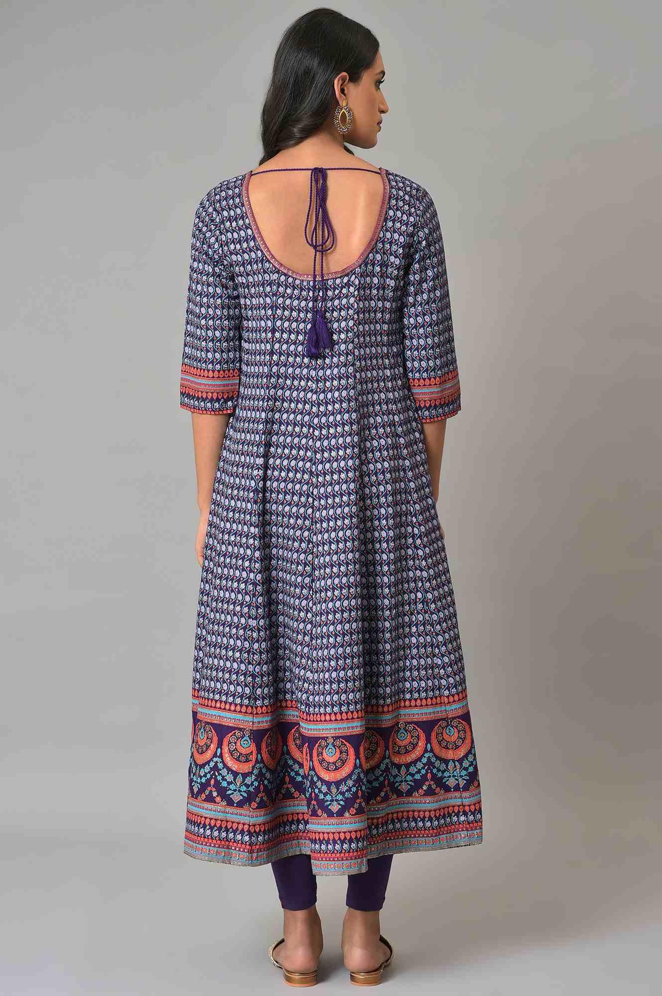Purple Printed Kalidar kurta With Tights - wforwoman