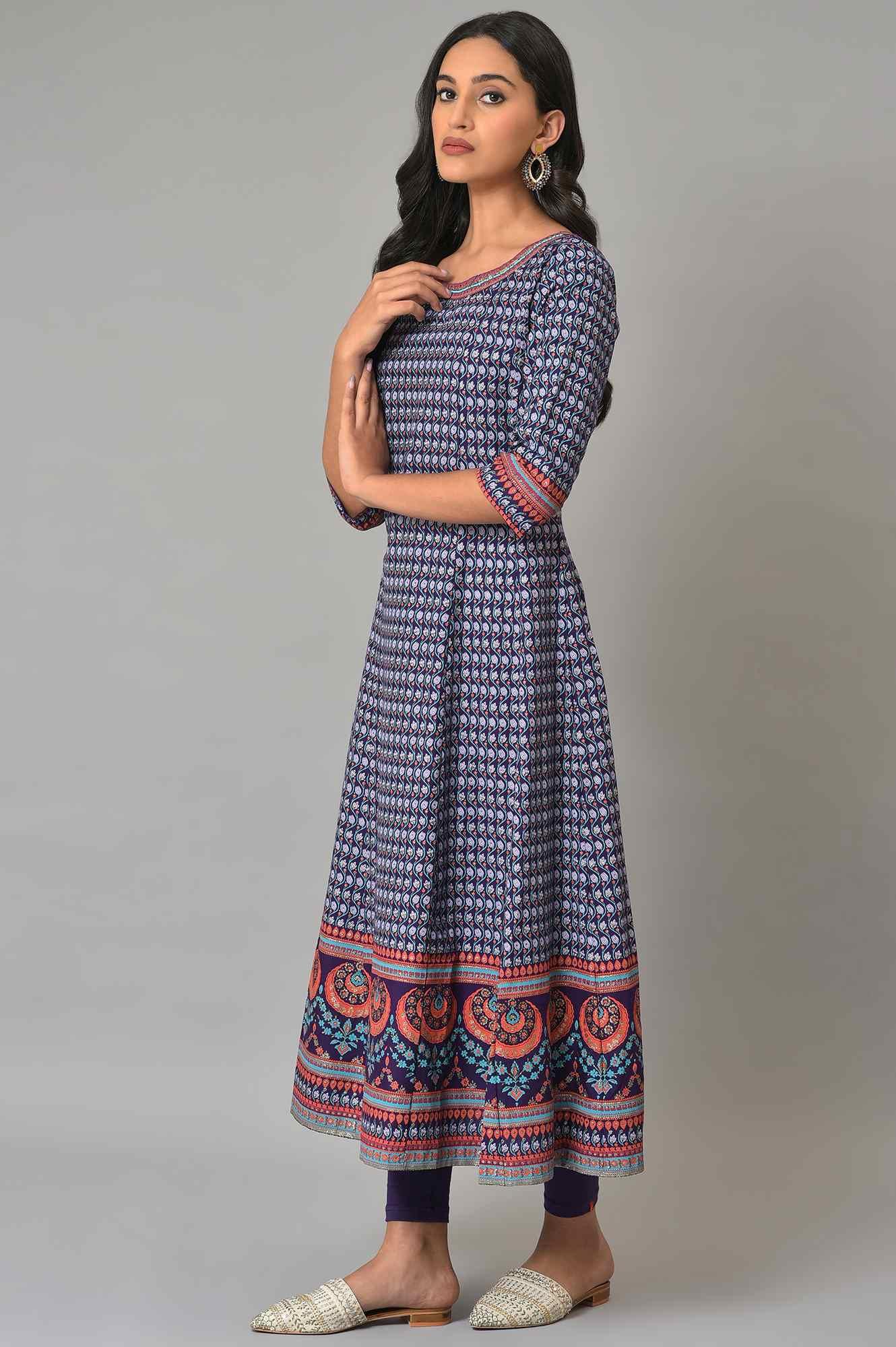 Purple Printed Kalidar kurta With Tights - wforwoman