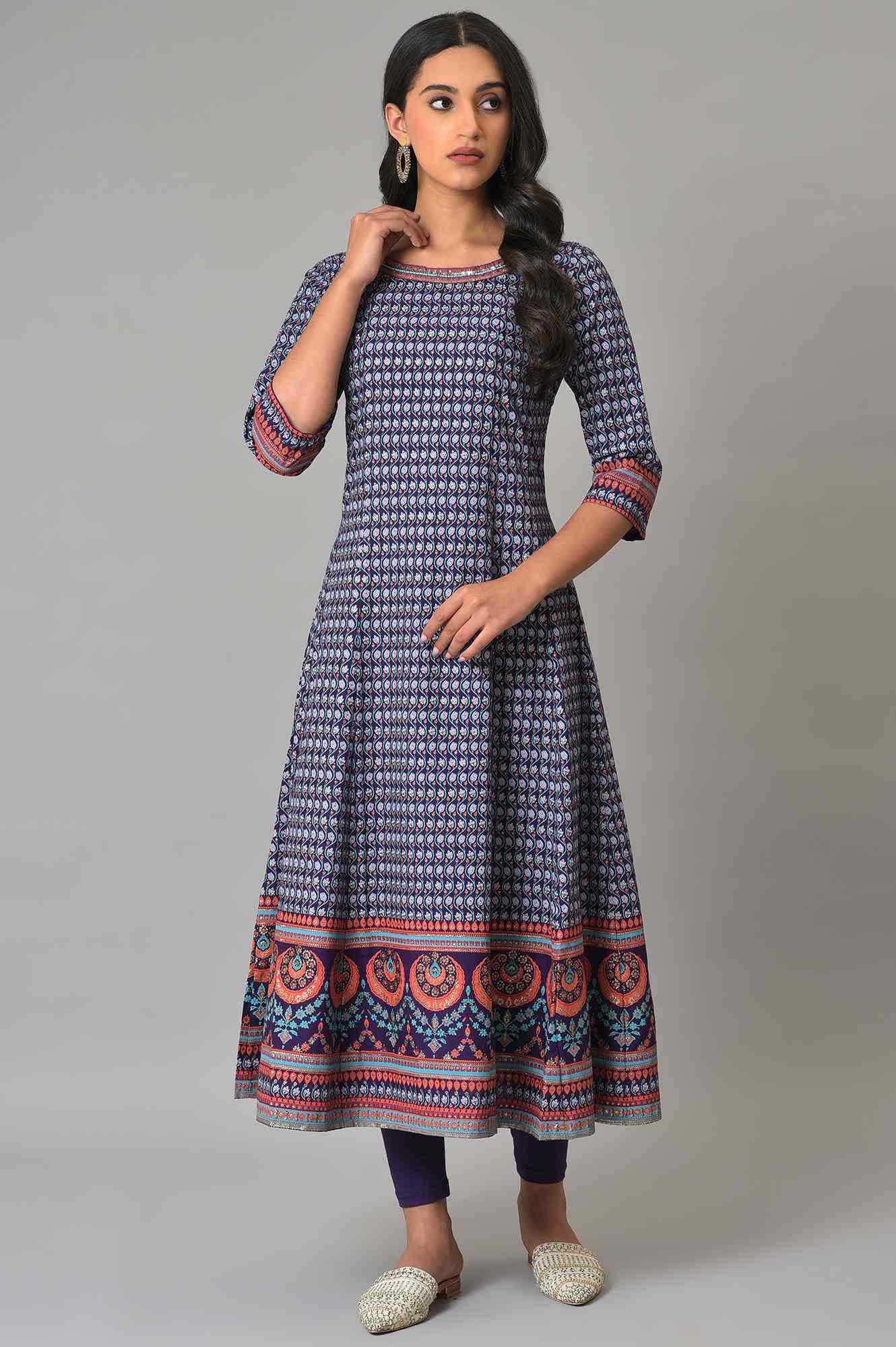 Purple Printed Kalidar kurta With Tights - wforwoman