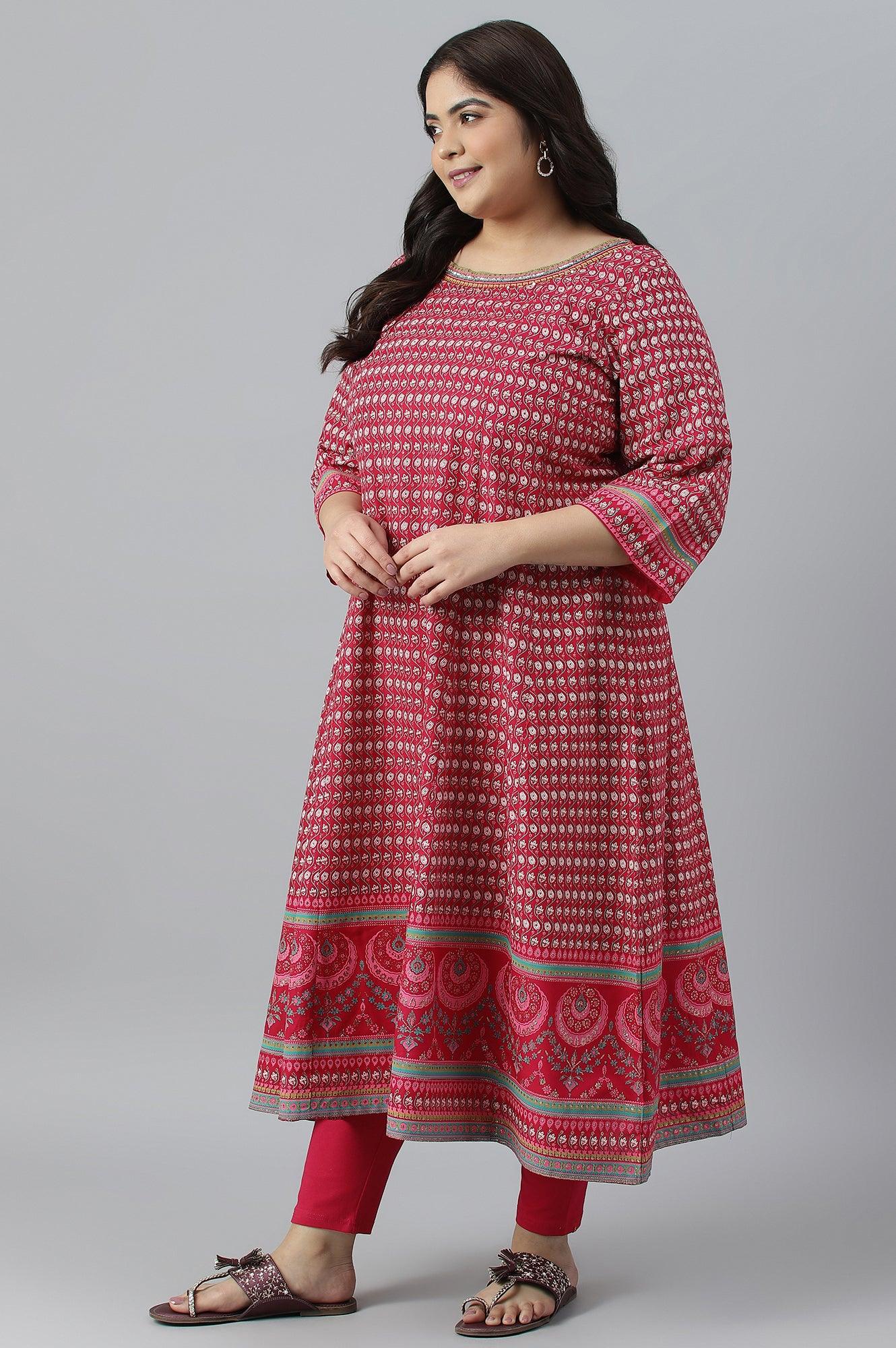 Dark Pink Printed Plus Size Kalidar kurta - wforwoman