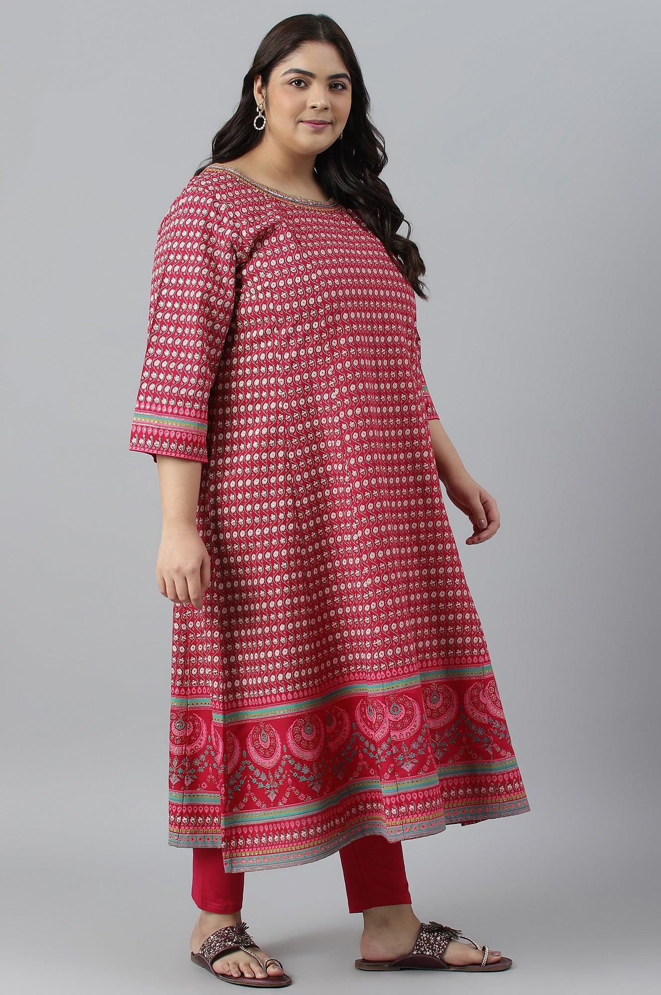 Dark Pink Printed Plus Size Kalidar kurta - wforwoman