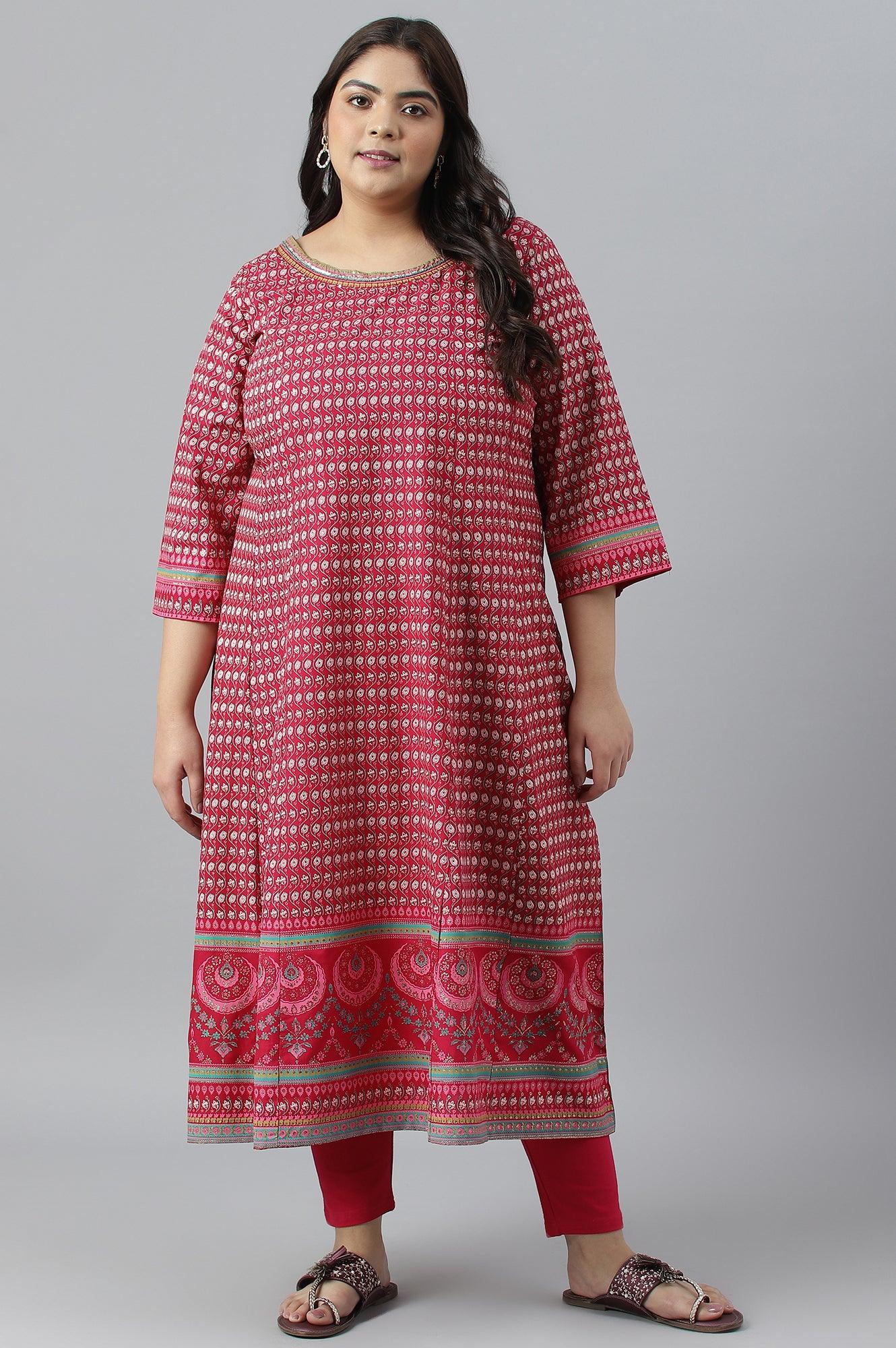 Dark Pink Printed Plus Size Kalidar kurta - wforwoman
