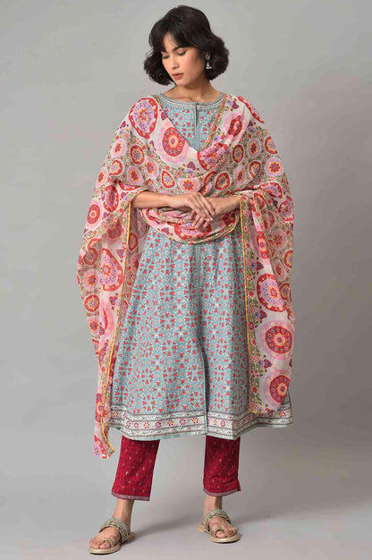 Light Blue Floral Printed kurta With Pink Slim Pants And Dupatta - wforwoman