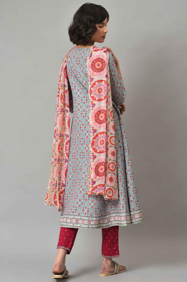 Light Blue Floral Printed kurta With Pink Slim Pants And Dupatta