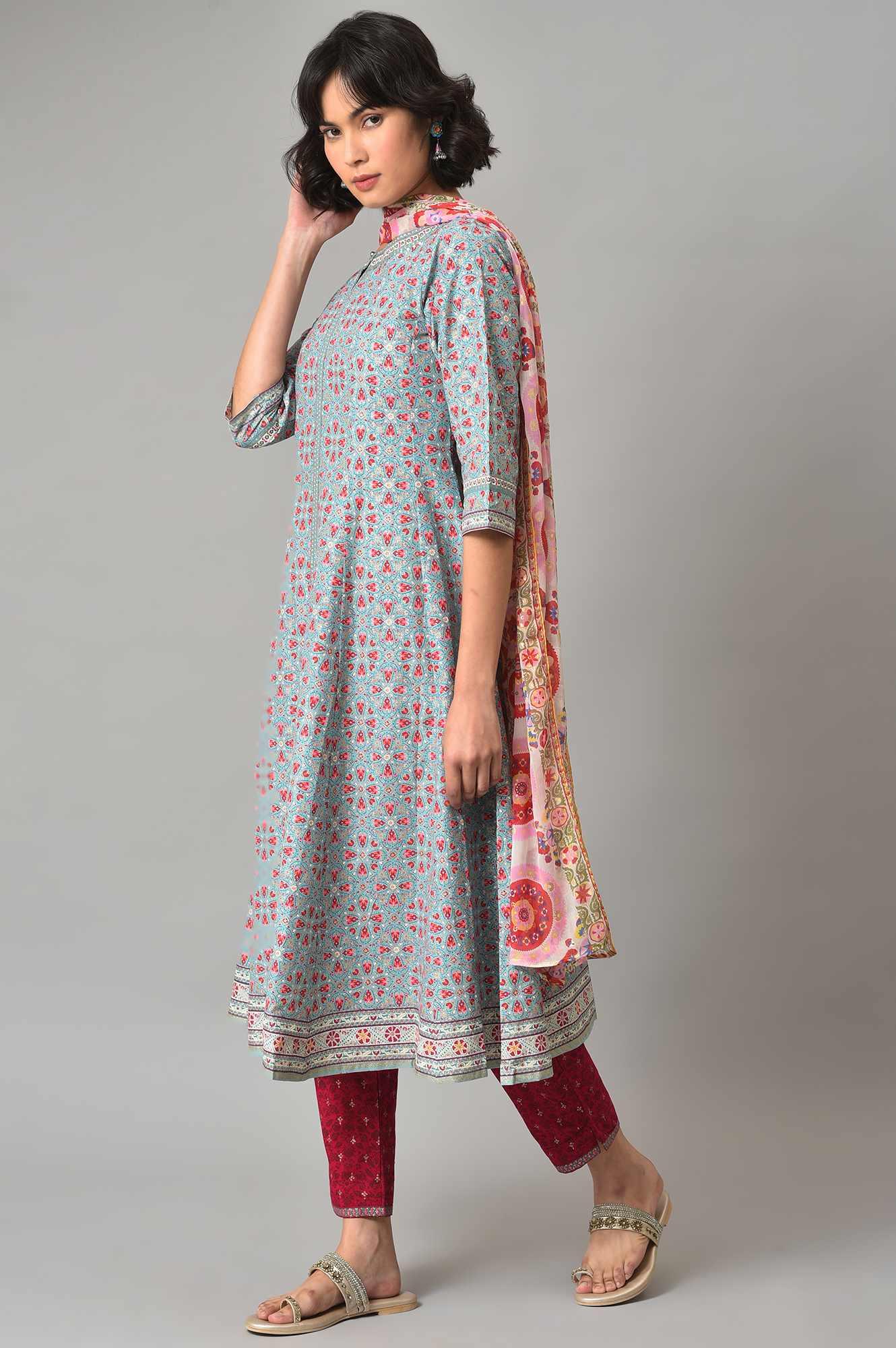 Light Blue Floral Printed kurta With Pink Slim Pants And Dupatta - wforwoman