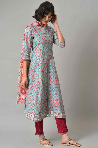Light Blue Floral Printed kurta With Pink Slim Pants And Dupatta - wforwoman