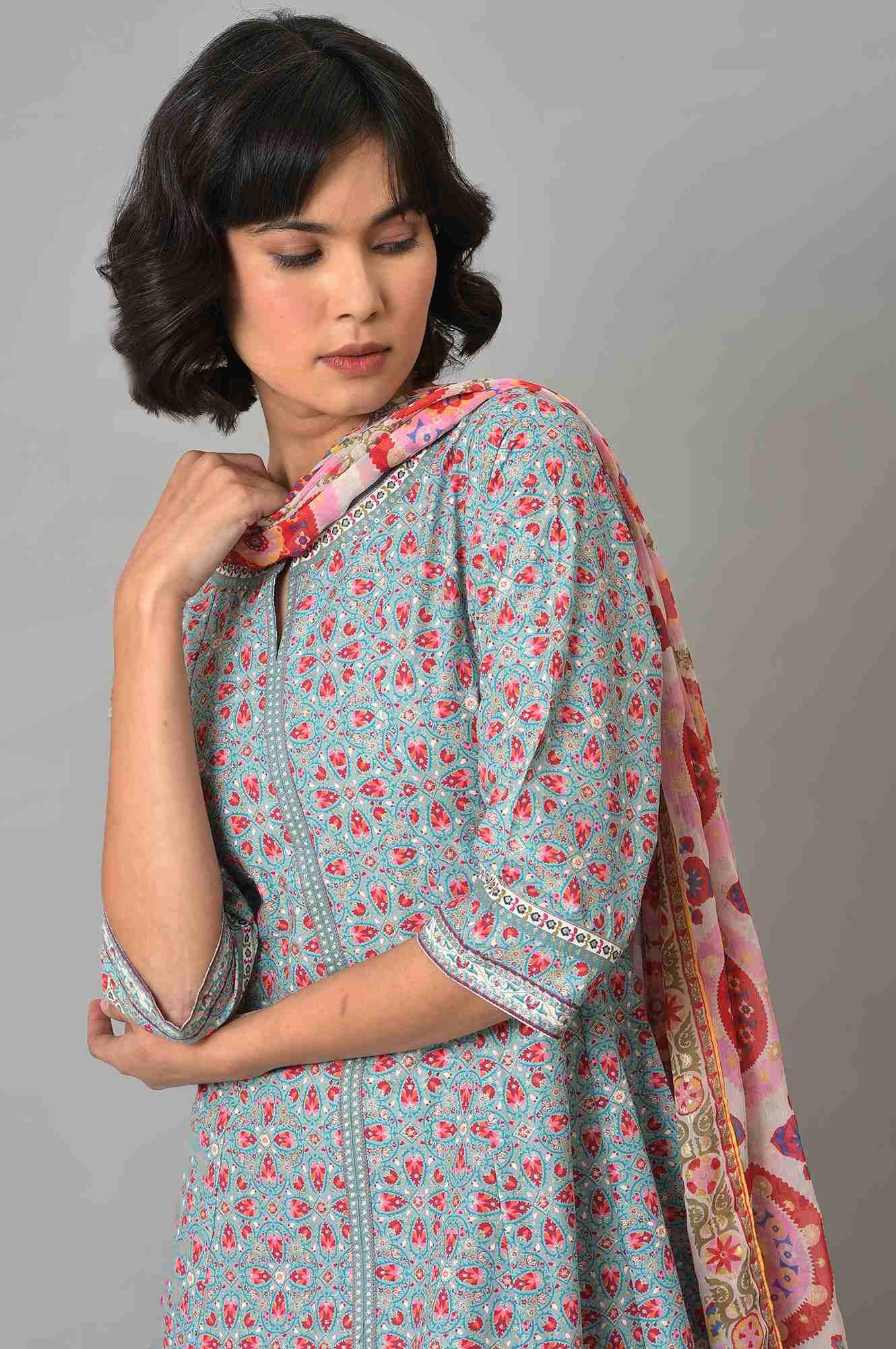 Light Blue Floral Printed kurta With Pink Slim Pants And Dupatta - wforwoman