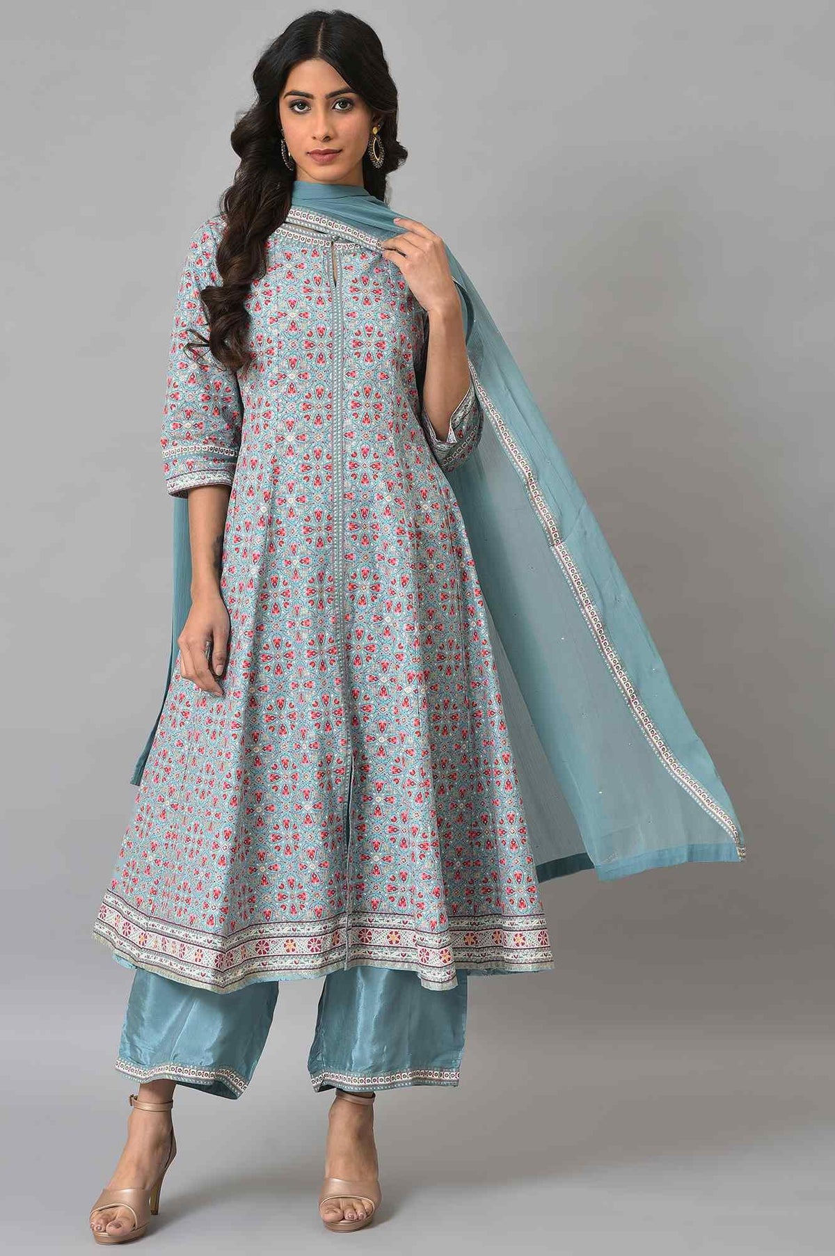 Aqua Blue Cotton Printed Flared kurta With Parallel Pants And Chiffon Dupatta - 6