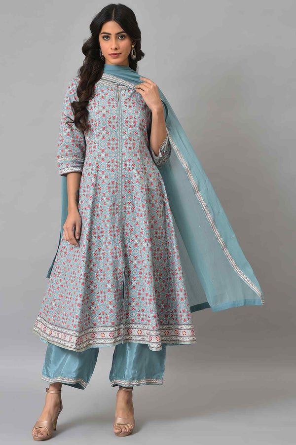 Aqua Blue Cotton Printed Flared kurta With Parallel Pants And Chiffon Dupatta
