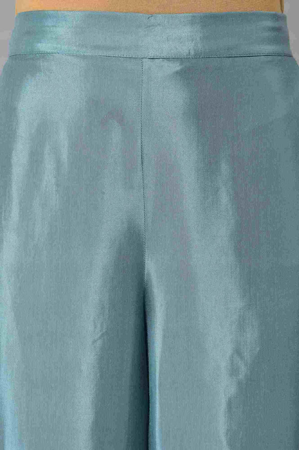 Aqua Blue Cotton Printed Flared kurta With Parallel Pants And Chiffon Dupatta