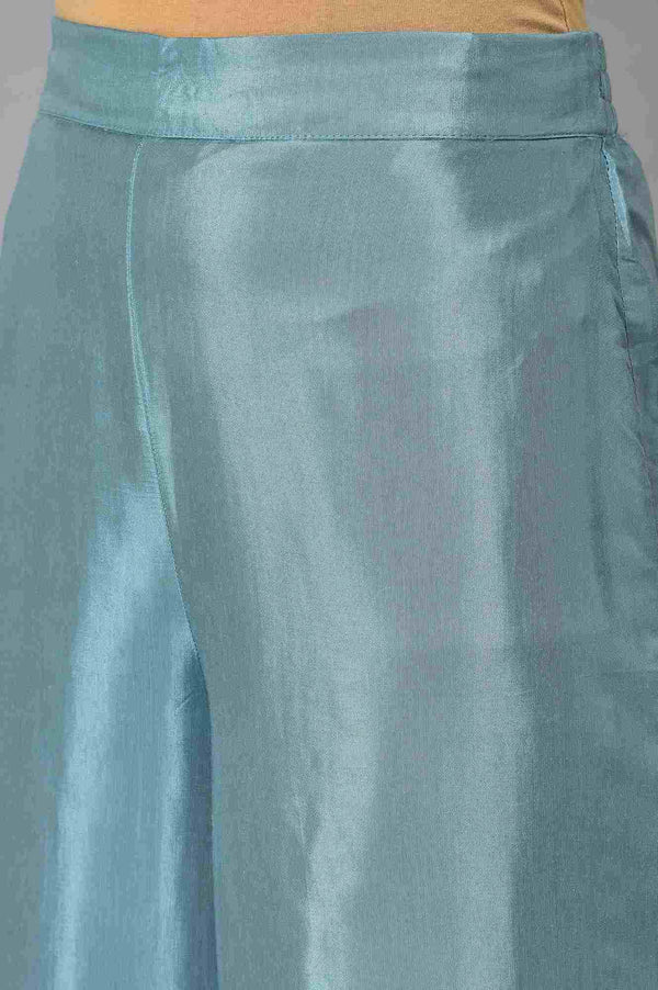 Aqua Blue Cotton Printed Flared kurta With Parallel Pants And Chiffon Dupatta