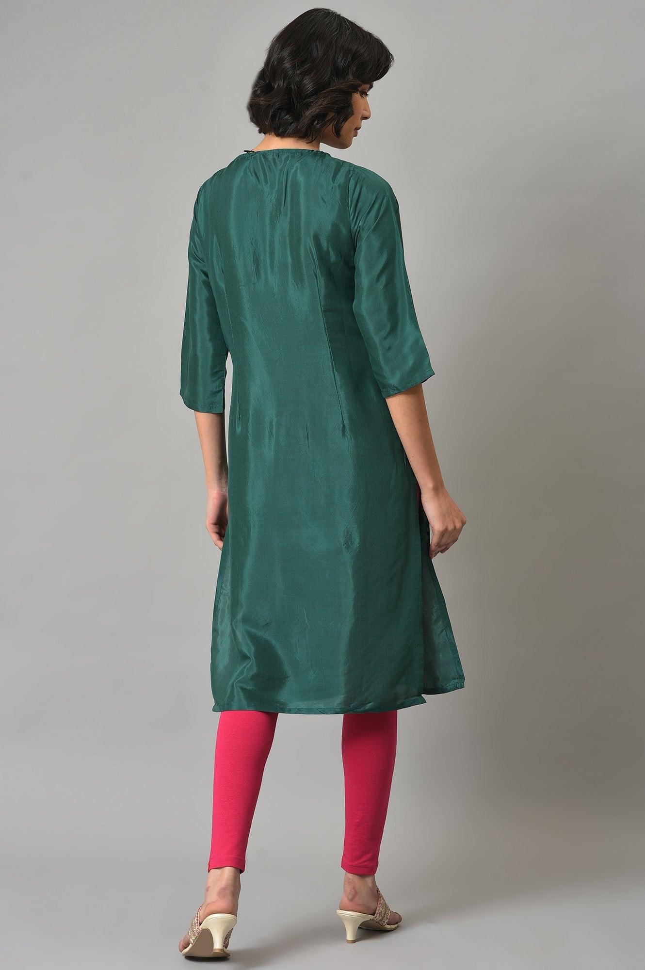 Dark Green Embroidered Festive kurta With Pink Tights - wforwoman