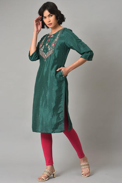 Dark Green Embroidered Festive kurta With Pink Tights - wforwoman