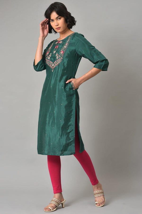 Dark Green Embroidered Festive kurta With Pink Tights