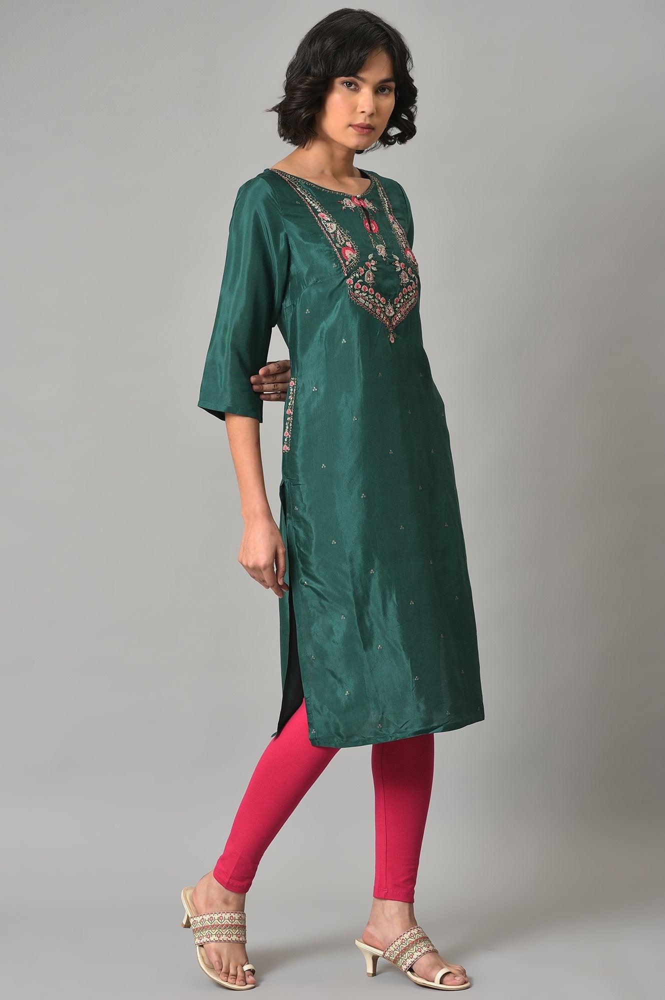 Dark Green Embroidered Festive kurta With Pink Tights - wforwoman