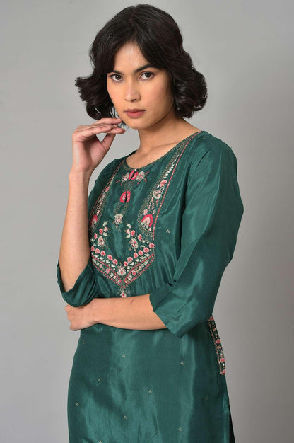 Dark Green Embroidered Festive kurta With Pink Tights - wforwoman