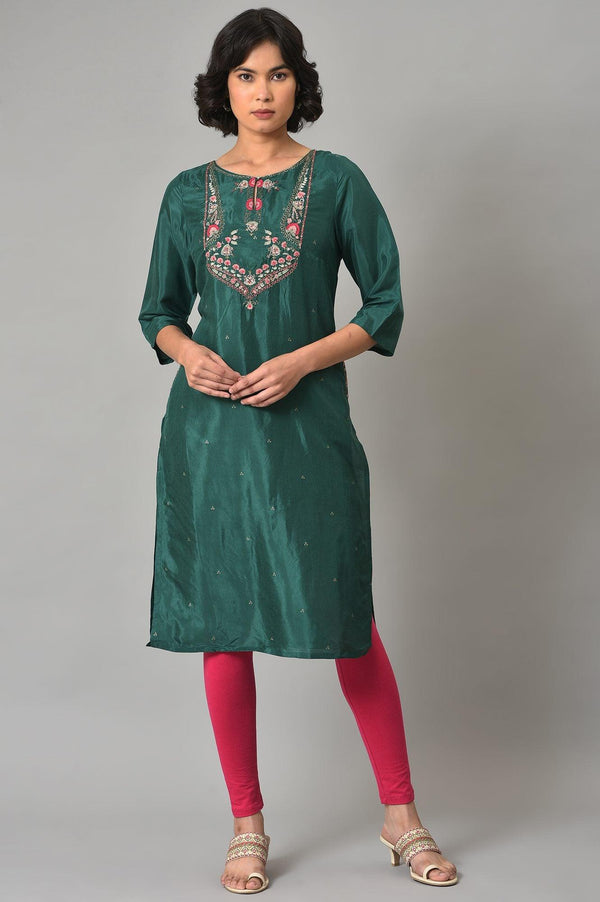 Dark Green Embroidered Festive kurta With Pink Tights