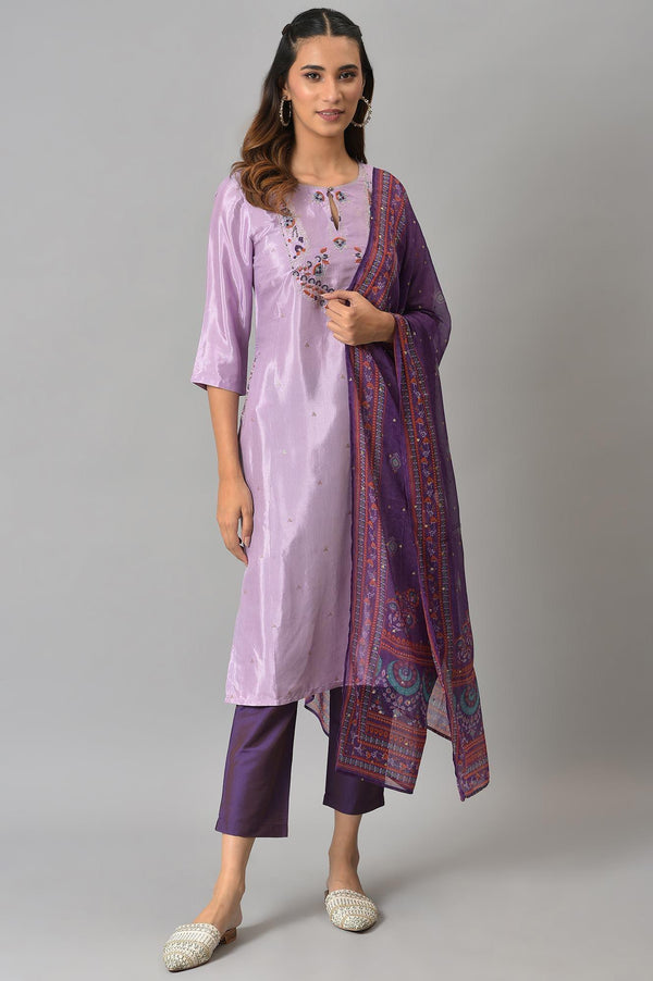 Purple Embroidered kurta With Slim Pants And Printed Dupatta