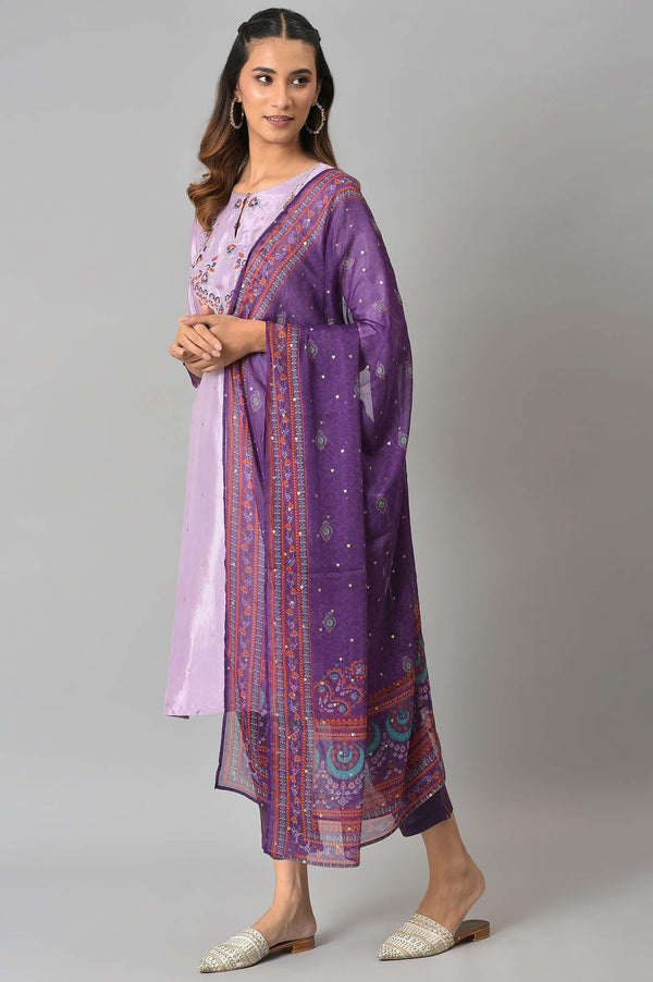 Purple Embroidered kurta With Slim Pants And Printed Dupatta
