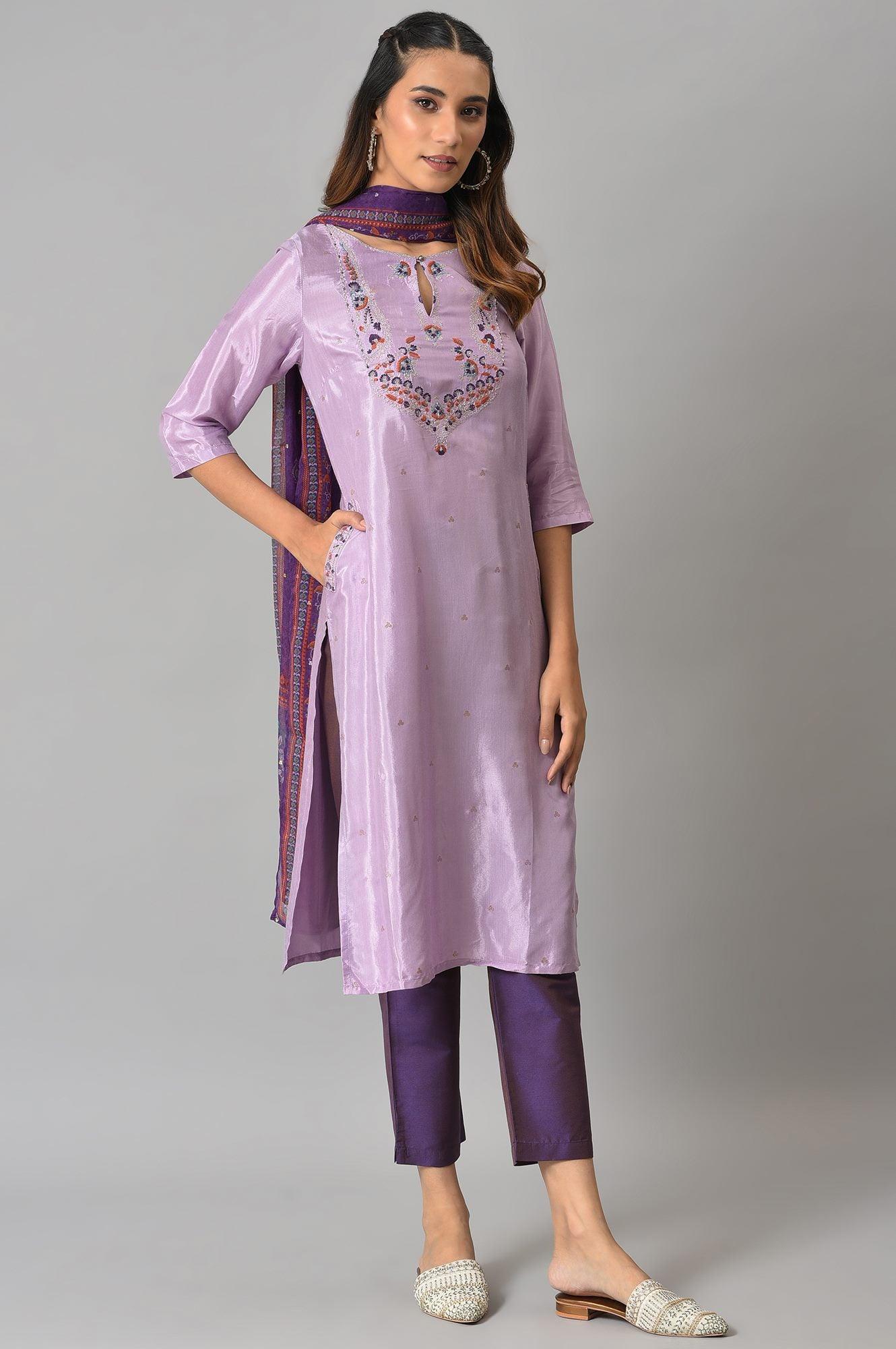 Purple Embroidered kurta With Slim Pants And Printed Dupatta - wforwoman